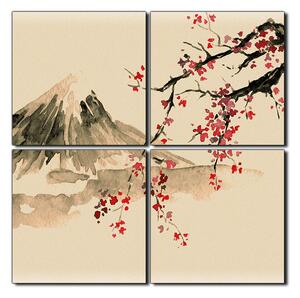 Obraz na plátne - Tradičné sumi-e obraz: sakura, slnko a hory - štvorec 3271FE (60x60 cm)