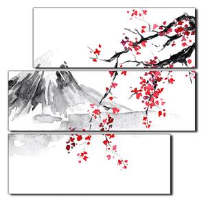Obraz na plátne - Tradičné sumi-e obraz: sakura, slnko a hory - štvorec 3271D (75x75 cm)
