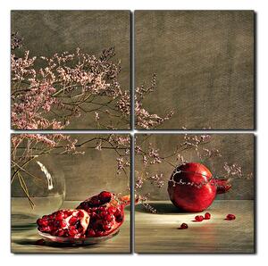Obraz na plátne - Zátišie - vetva a granátové jablko - štvorec 3274E (100x100 cm)