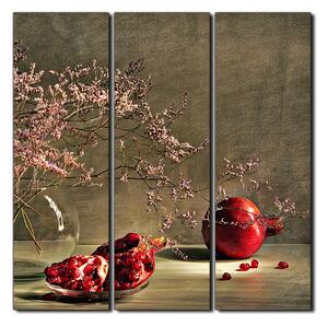 Obraz na plátne - Zátišie - vetva a granátové jablko - štvorec 3274B (75x75 cm)