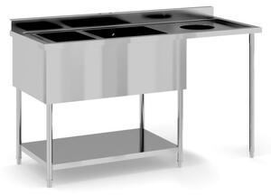 Nerezový umývací stôl, 2 drezy, otvor na odpad, 1500 x 610 x 850 mm