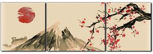 Obraz na plátne - Tradičné sumi-e obraz: sakura, slnko a hory - panoráma 5271FC (120x40 cm)
