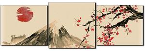 Obraz na plátne - Tradičné sumi-e obraz: sakura, slnko a hory - panoráma 5271FD (90x30 cm)