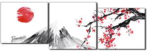 Obraz na plátne - Tradičné sumi-e obraz: sakura, slnko a hory - panoráma 5271E (150x50 cm)