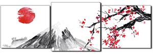 Obraz na plátne - Tradičné sumi-e obraz: sakura, slnko a hory - panoráma 5271D (150x50 cm)