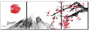 Obraz na plátne - Tradičné sumi-e obraz: sakura, slnko a hory - panoráma 5271C (90x30 cm)