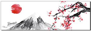 Obraz na plátne - Tradičné sumi-e obraz: sakura, slnko a hory - panoráma 5271A (105x35 cm)