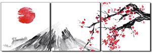 Obraz na plátne - Tradičné sumi-e obraz: sakura, slnko a hory - panoráma 5271B (150x50 cm)