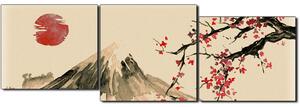 Obraz na plátne - Tradičné sumi-e obraz: sakura, slnko a hory - panoráma 5271FE (90x30 cm)
