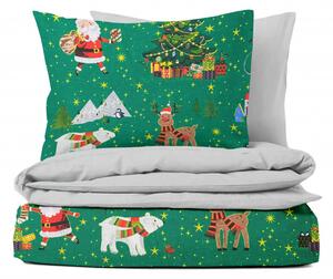 Ervi bavlnené obliečky DUO - Vianočný vzor na zelenom/svetlo šedé