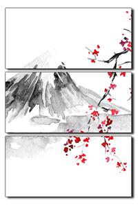 Obraz na plátne - Tradičné sumi-e obraz: sakura, slnko a hory - obdĺžnik 7271B (120x80 cm)