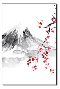 Obraz na plátne - Tradičné sumi-e obraz: sakura, slnko a hory - obdĺžnik 7271A (90x60 cm )
