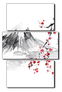 Obraz na plátne - Tradičné sumi-e obraz: sakura, slnko a hory - obdĺžnik 7271C (90x60 cm)