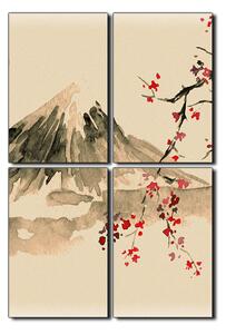 Obraz na plátne - Tradičné sumi-e obraz: sakura, slnko a hory - obdĺžnik 7271FE (90x60 cm)