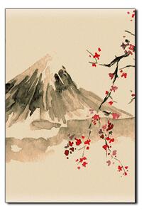 Obraz na plátne - Tradičné sumi-e obraz: sakura, slnko a hory - obdĺžnik 7271FA (90x60 cm )