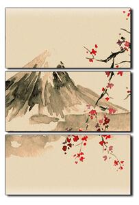 Obraz na plátne - Tradičné sumi-e obraz: sakura, slnko a hory - obdĺžnik 7271FB (90x60 cm )