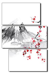Obraz na plátne - Tradičné sumi-e obraz: sakura, slnko a hory - obdĺžnik 7271D (105x70 cm)