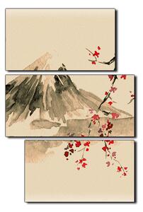 Obraz na plátne - Tradičné sumi-e obraz: sakura, slnko a hory - obdĺžnik 7271FD (90x60 cm)