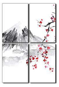 Obraz na plátne - Tradičné sumi-e obraz: sakura, slnko a hory - obdĺžnik 7271E (90x60 cm)