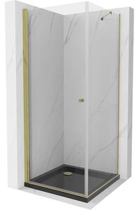 Mexen Pretoria sprchová kabína, kyvné dvere 100 x 100 cm, Transparentné, Zlatá + sprchová vanička Flat, Čierna - 852-100-100-50-