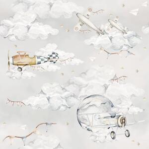 Detská izba - Sivá tapeta s lietadlami v magickom svete