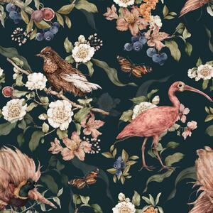 Detská izba - Tmavozelená tapeta s rajskými vtákmi a orientálnymi kvetmi