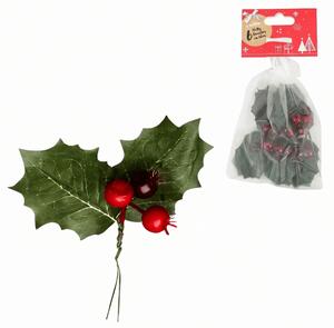 Vianočná dekorácia na drôtiku HOLLY LEAVES 13 cm 6 ks
