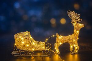 LED vianočný sob so sánkami – zlatá svietiaca dekorácia s trblietkami Velikost (cm): 20cm