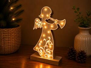 Vianočná drevená LED dekorácia, anjel s trúbkou, 32cm