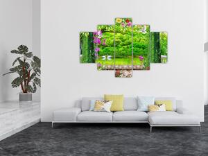 Obraz - Čarovná záhrada s labuťami (150x105 cm)