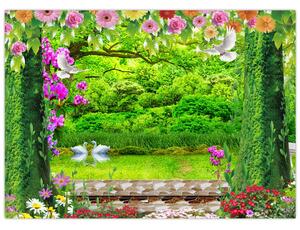 Obraz - Čarovná záhrada s labuťami (70x50 cm)