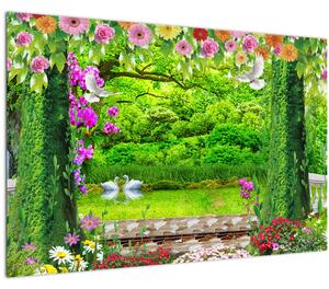 Obraz - Čarovná záhrada s labuťami (90x60 cm)