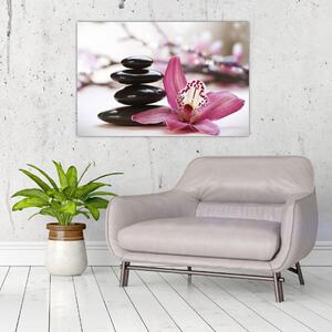 Obraz masážnych kameňov a orchidey na vode (90x60 cm)