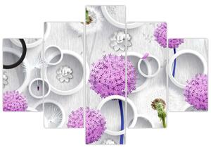 Obraz 3D abstrakcie s kruhmi a kvetinami (150x105 cm)