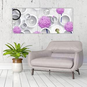 Obraz 3D abstrakcie s kruhmi a kvetinami (120x50 cm)
