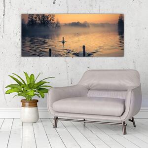 Obraz labutí na vode v hmle (120x50 cm)
