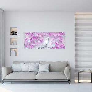 Obraz kvetov na striebornom kmeni - abstrakt (120x50 cm)