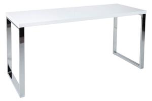Estila Moderný obdĺžnikový biely písací stôl White Desk s lesklou doskou a hranatými striebornými kovovými chrómovými nohami 140 cm