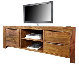Estila Moderný obdĺžnikový hnedý masívny TV stolík Massive zo sheeshamového dreva s kovovými úchytkami s úložným priestorom 135 cm