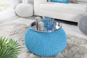 Estila Moderná okrúhla čalúnená modrá taburetka Stool s pletenou podstavou 45 cm