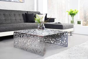 Estila Dizajnový art deco strieborný štvorcový kovový konferenčný stolík Ideal s geometrickými vyrezávanými vzormi 60 cm