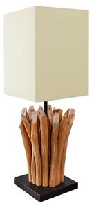 Estila Etno štvorcová masívna stolná lampa Roots s krémovým ľanovým tienidlom a dekoratívnou nohou z drevených konárov 55 cm