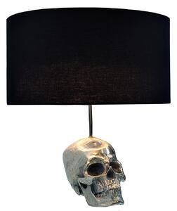 Estila Štýlová glamour okrúhla kovová strieborná stolná lampa Skull s nohou v podobe lebky a čiernym textilným tienidlom 44 cm