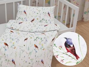 Biante Detské bavlnené posteľné obliečky do postieľky Sandra SA-392 Lúčne kvietky s vtáčikmi Do postieľky 90x140 a 50x70 cm