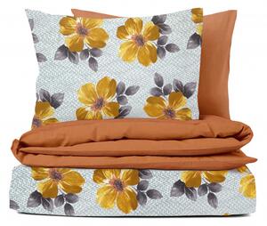 Ervi flanelové obliečky - oranžové kvety na šedom/tehlovej