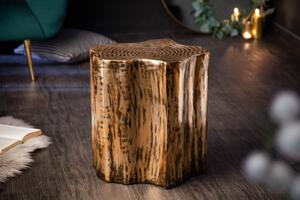 Estila Orientálny jedinečný príručný stolík Anillko s nadčasovou kresbou na povrchovej doske v tvare kmeňa stromu zlatej farby 47cm