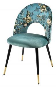 Estila Štýlová art deco čalúnená stolička Floreque v tyrkysovom vyhotovení s kvetinovou potlačou a kovovými nožičkami 83cm