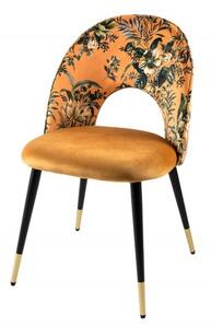 Estila Čalúnená art deco stolička Floreque v zlato-žltej farbe s tropickým vzorom a čiernymi nožičkami 83cm