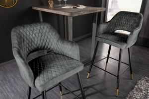 Estila Zamatová barová stolička Fribourg v štýle art deco v sivozelenej farbe na čiernych šikmých nožičkách so zlatým kovaním 104cm