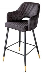 Estila Art deco barová stolička Fribourg s opierkami v zamatovom bridlicovo sivom čalúnení na čiernych nožičkách 104cm